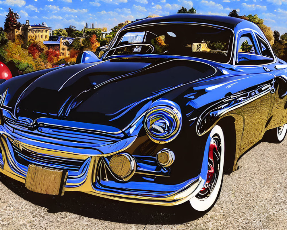 Stylized classic car with shiny blue finish and white-wall tires parked outdoors