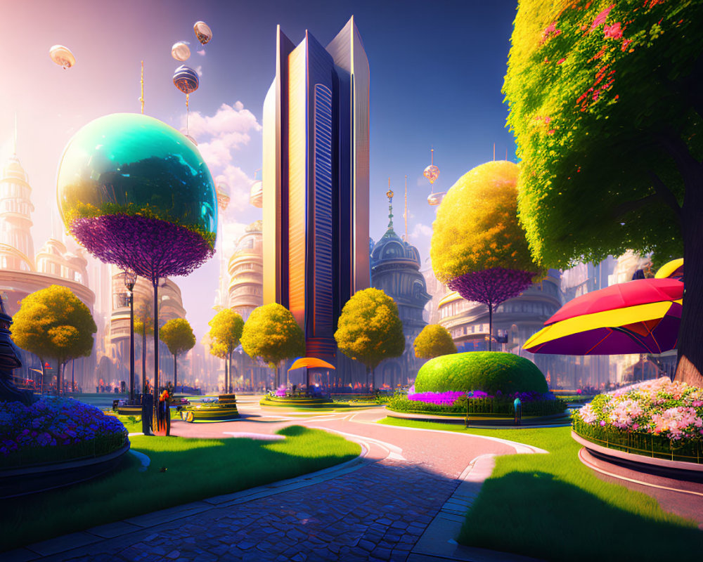 Futuristic cityscape with floating spheres and lush park bench