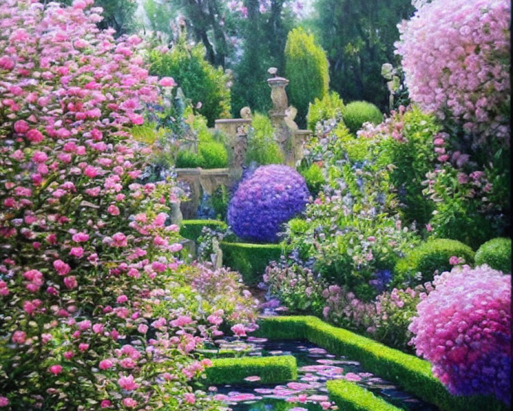 Formal Garden with Pink Blooms, Water Feature, and Trimmed Hedges