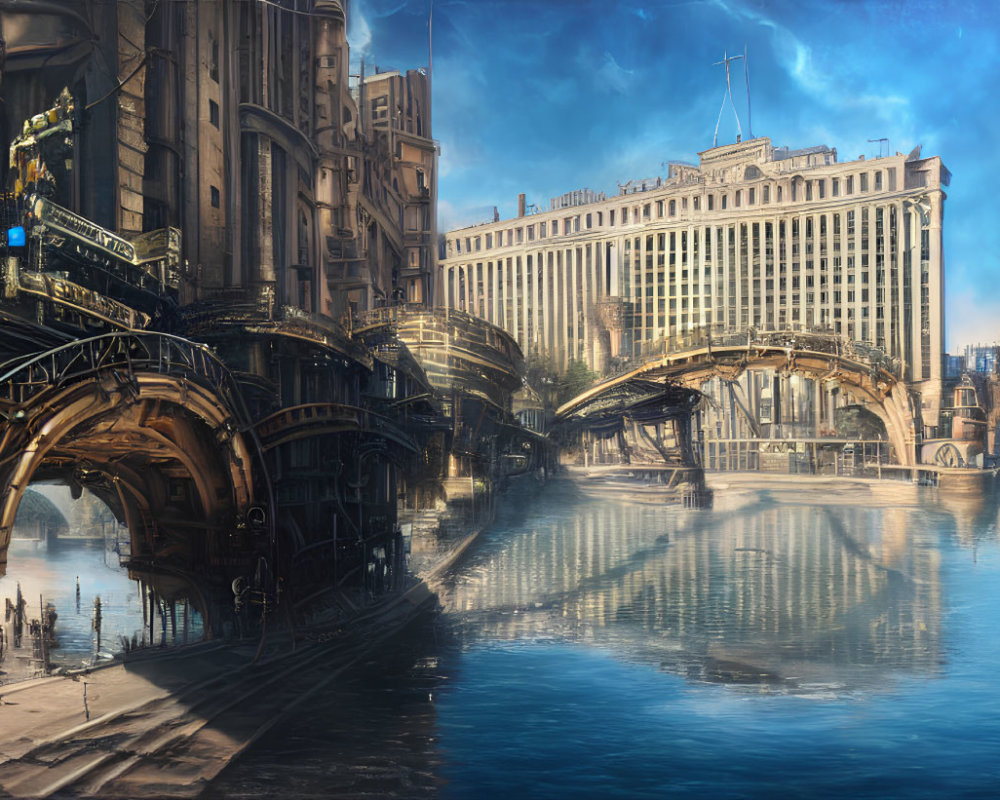 Futuristic cityscape with grand buildings and bridges under clear sky