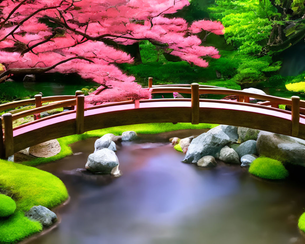 Tranquil Japanese garden with pink cherry blossoms and wooden bridge