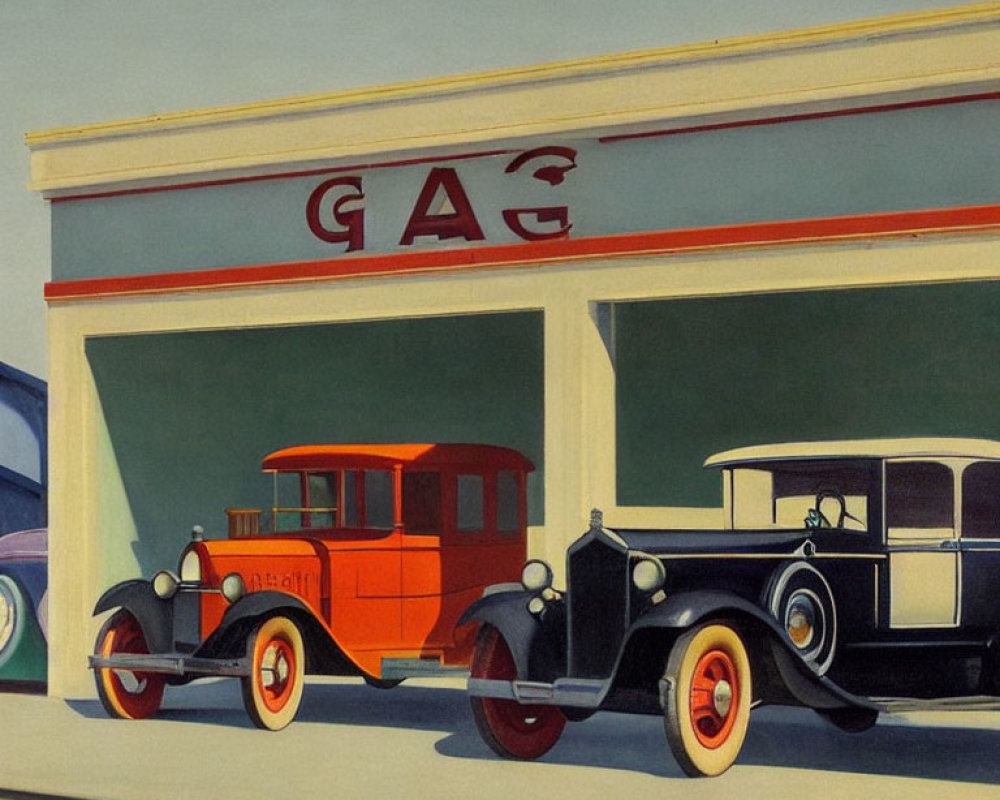 Vintage Gas Station Painting with Classic Cars and Clear Sky