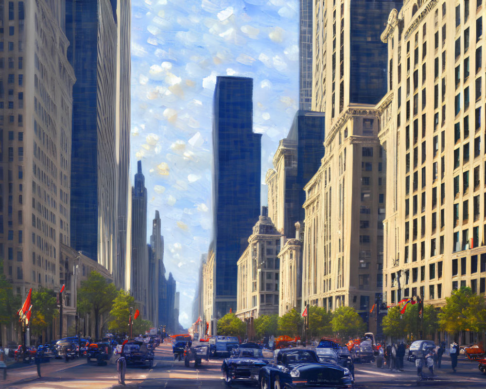 Vibrant impressionist painting of city street with cars, trees, and tall buildings