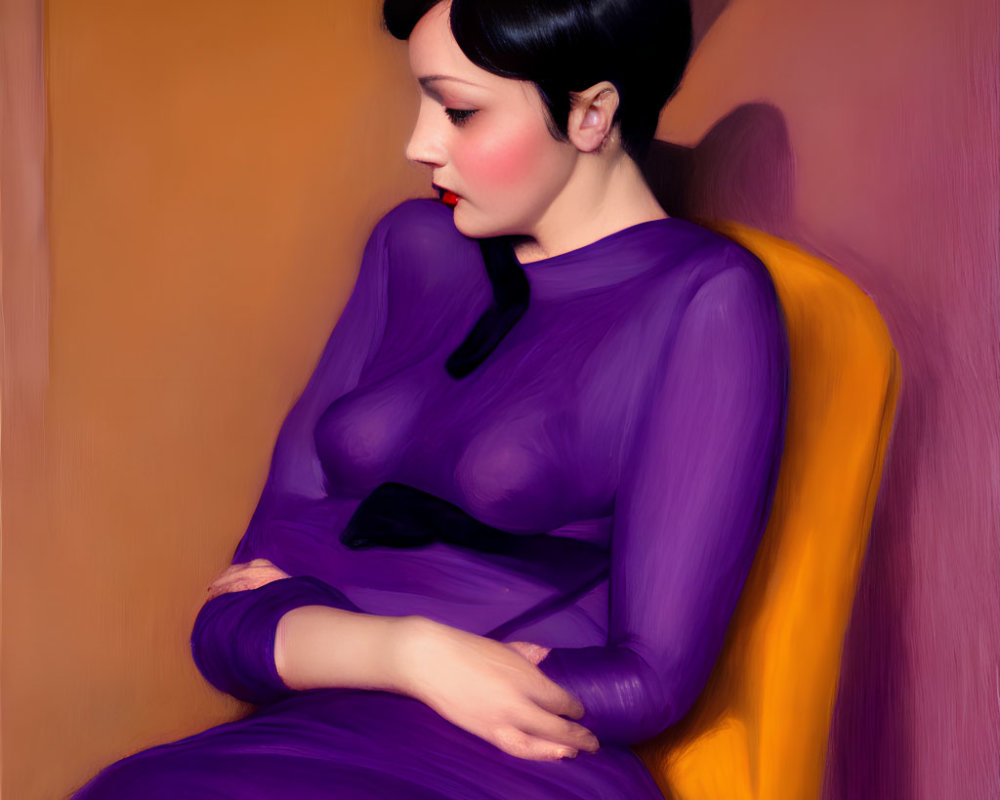 Stylized painting of woman with black hair in purple dress against orange backdrop