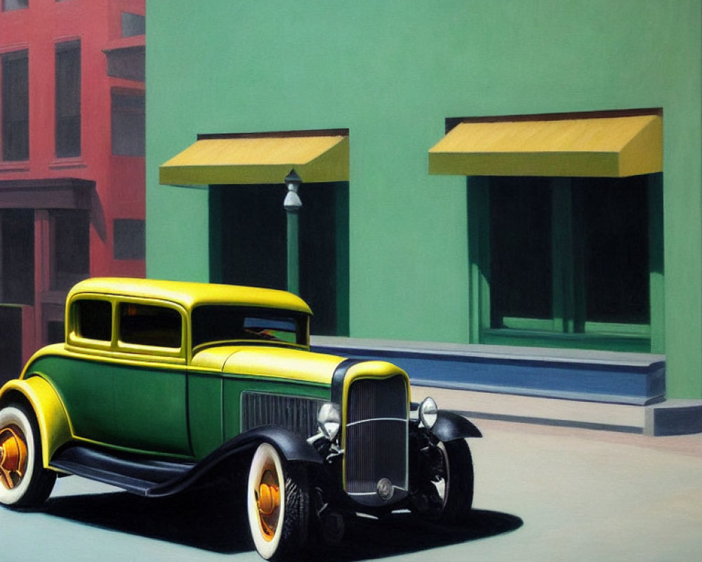 Vintage Yellow-Green Car Parked on Colorful Street