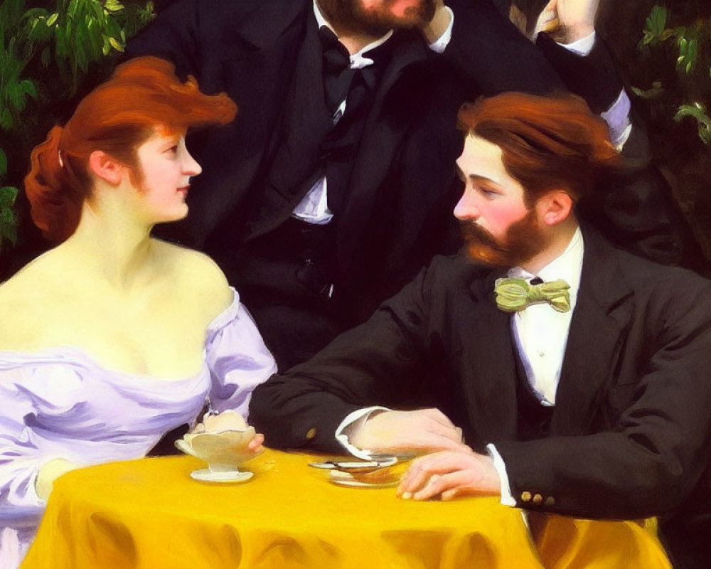 Victorian-era Couple Painting at Table with Man in Suit & Bow Tie