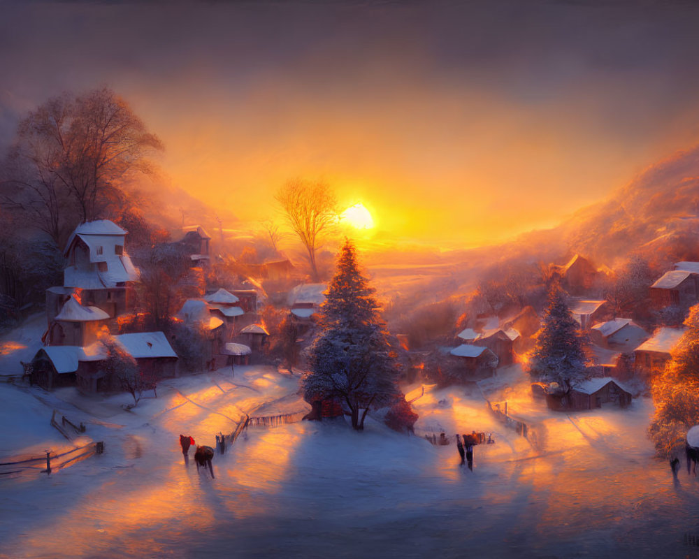 Snow-covered cottages and glowing sunset in tranquil winter village landscape