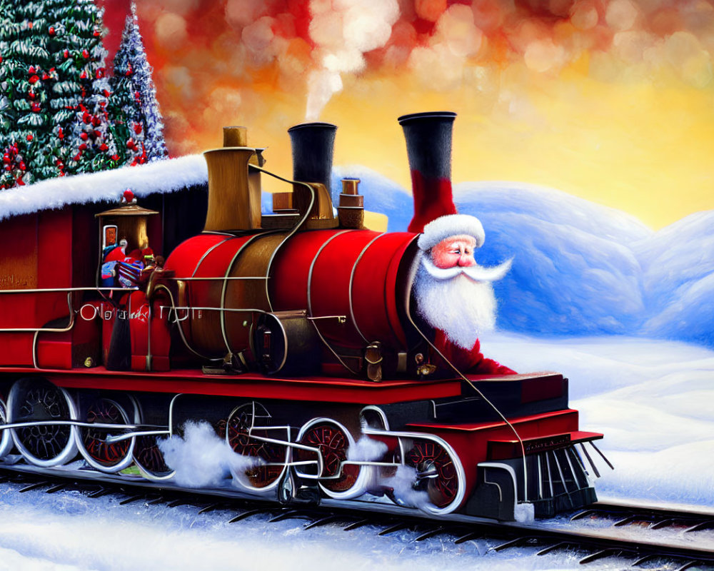 Colorful Santa Claus on red steam train with snowy landscape