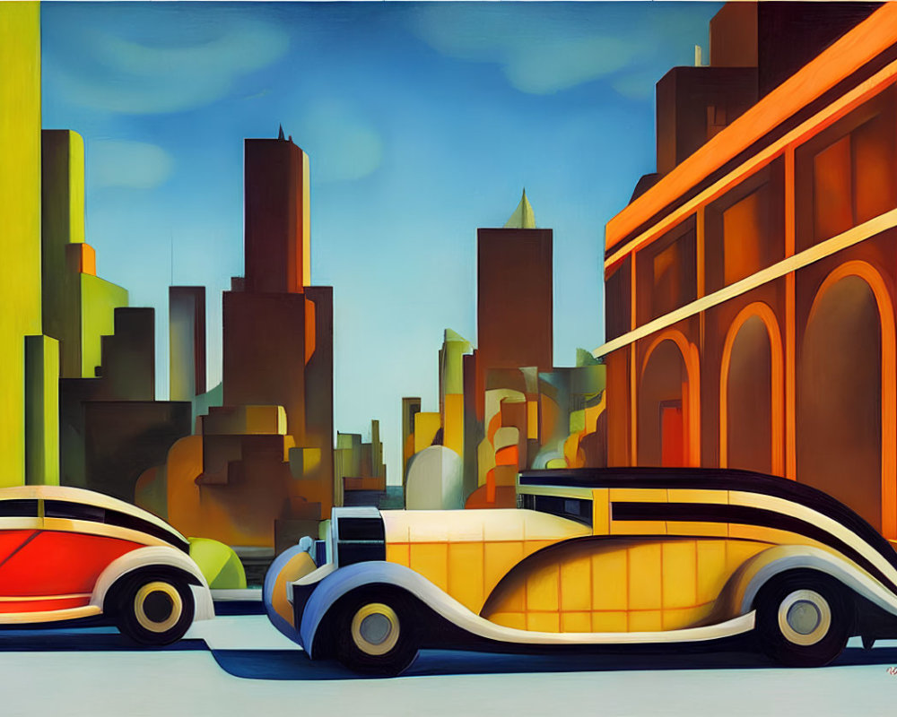 Stylized vintage cars in front of vibrant cityscape