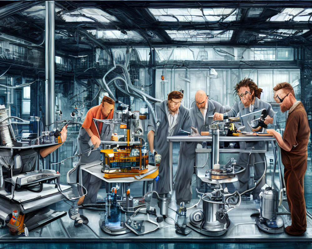 Detailed illustration of five individuals working in modern industrial workshop.