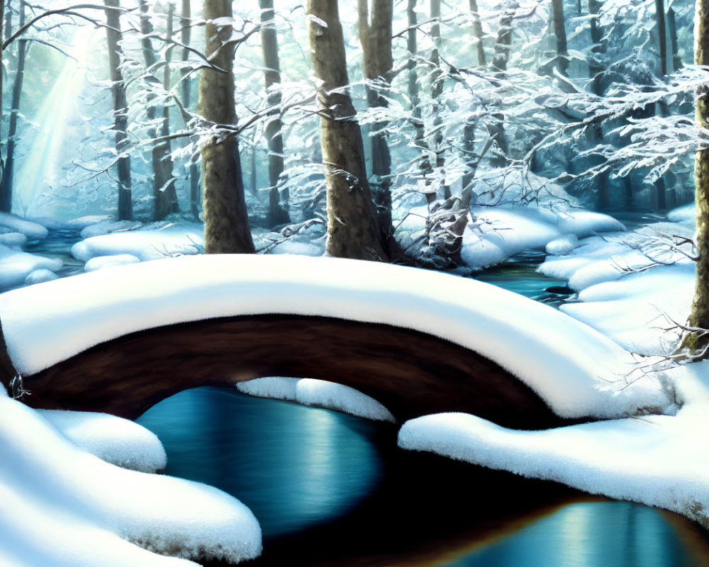 Snow-covered wooden bridge over tranquil stream in serene winter scene.