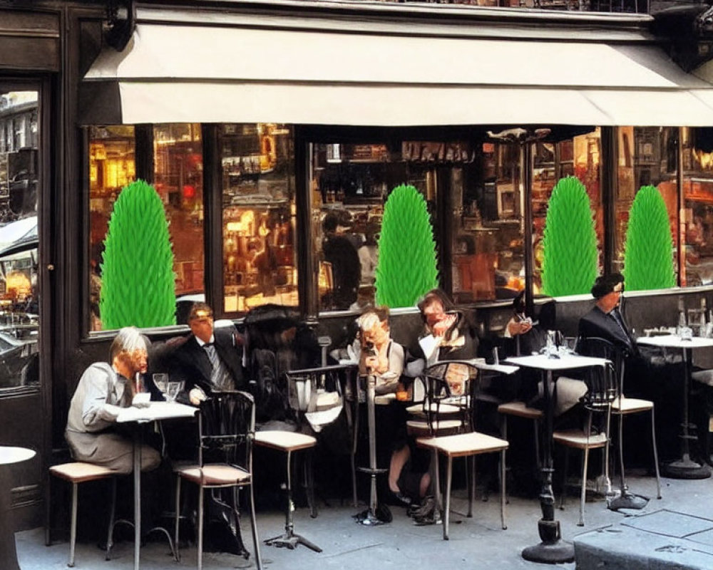 Charming outdoor café scene with dining patrons and green topiaries.