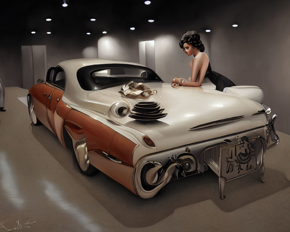 Vintage Attire Woman Leaning on Classic Car in Dimly-Lit Gallery