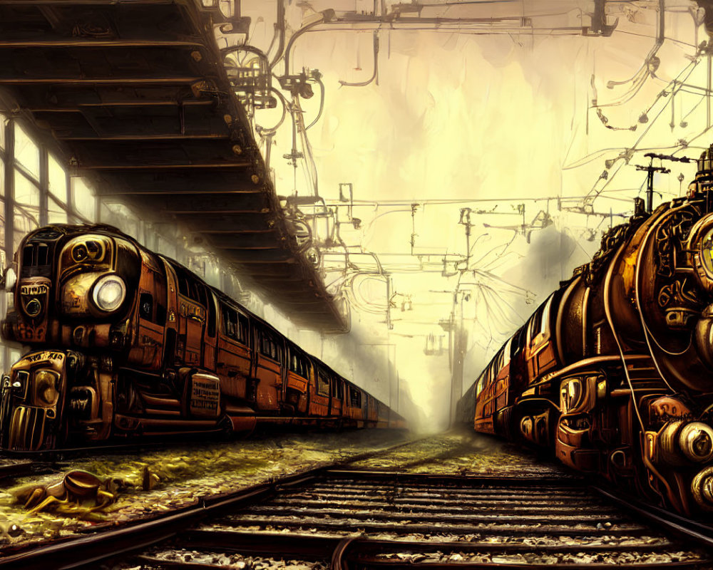 Vintage locomotives on parallel tracks at a steampunk-themed train station