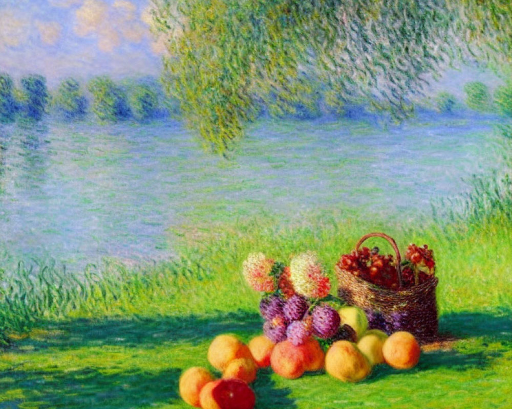 Colorful Fruit Basket on Sunlit Riverbank Grass - Impressionist Painting