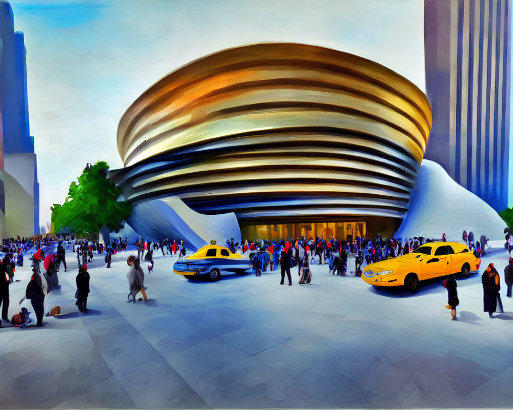 Colorful illustration: Busy crowd at modern spiral building with yellow taxis.