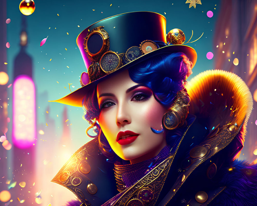 Colorful portrait of woman with blue hair, top hat, and fur coat on bokeh background