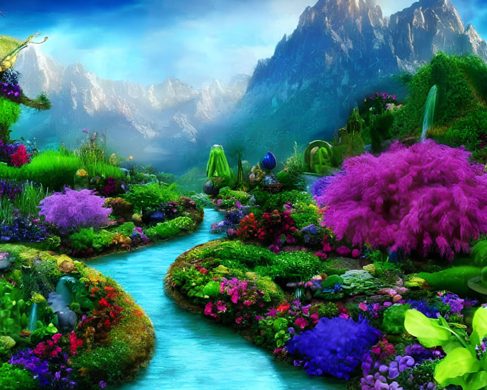 Colorful fantasy landscape with river, mountains, and whimsical structures