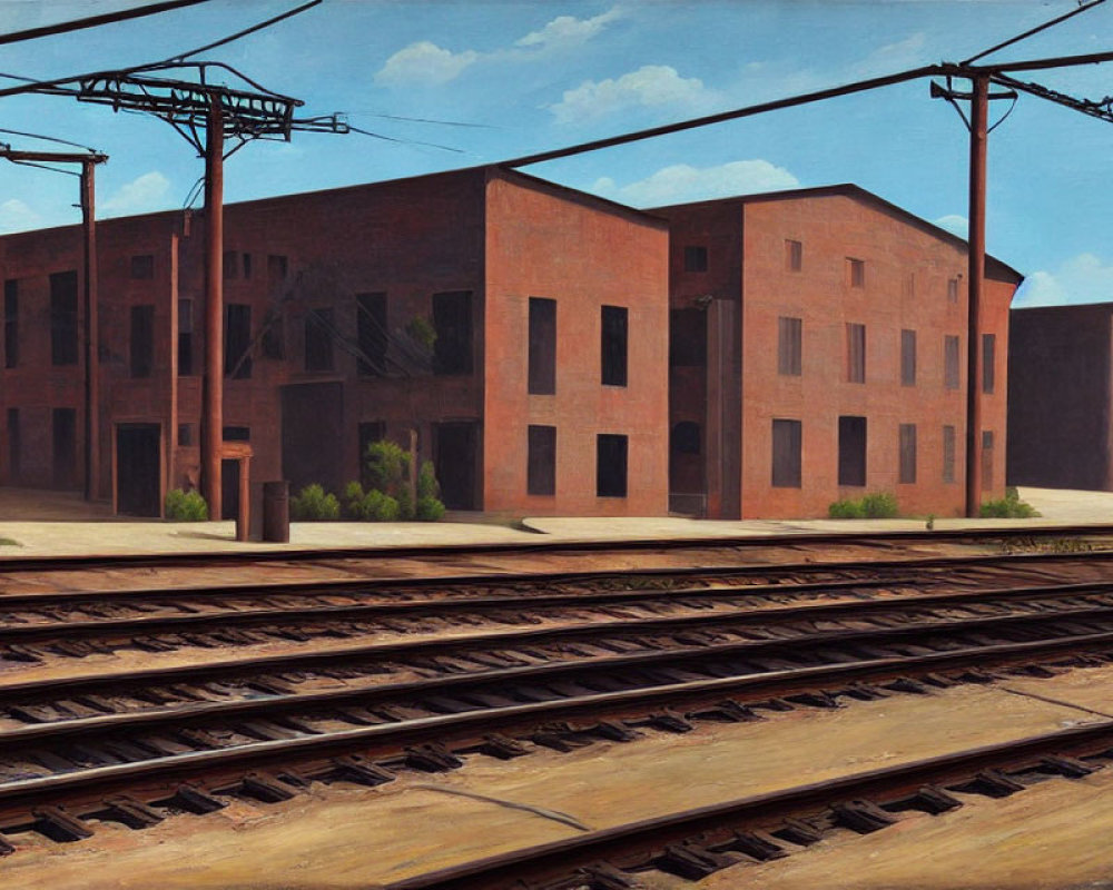 Realistic painting of urban scene with brick buildings, train tracks, and power lines against clear sky