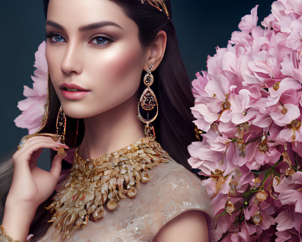 Woman with Blue Eyes and Gold Headpiece Surrounded by Pink Flowers