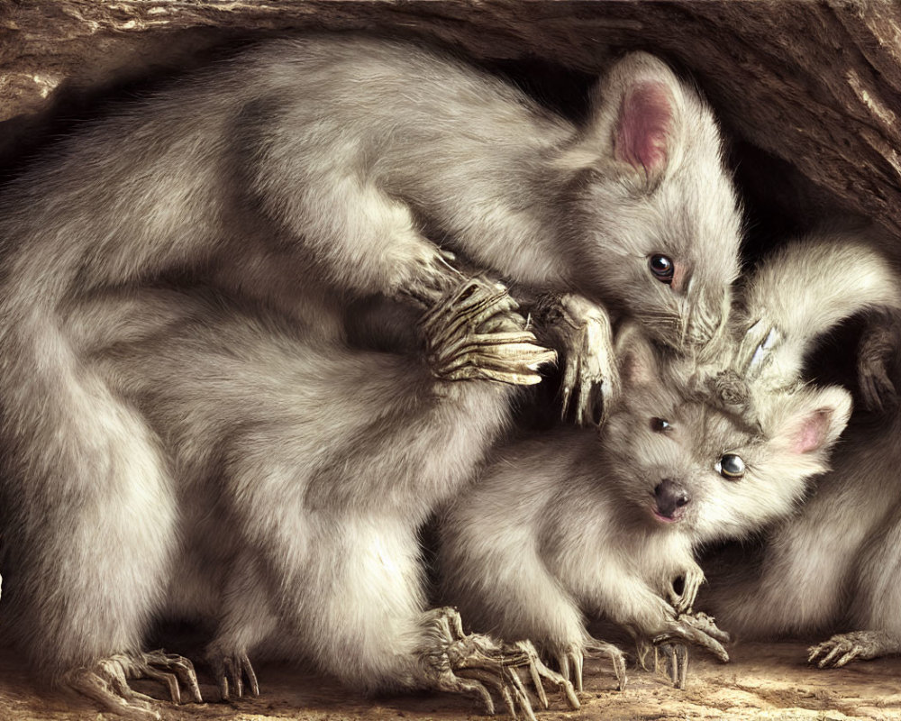 Fluffy mouse-like creatures cuddling in tree hollow