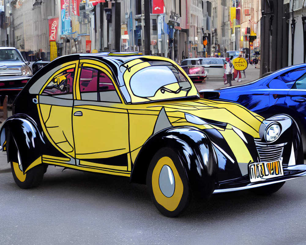 Yellow and black Pikachu-themed car parked on city street