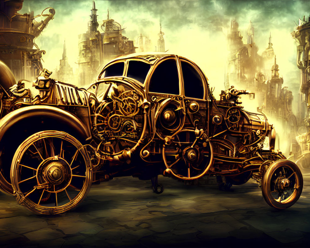 Intricate Steampunk Vehicle Amid Industrial Buildings