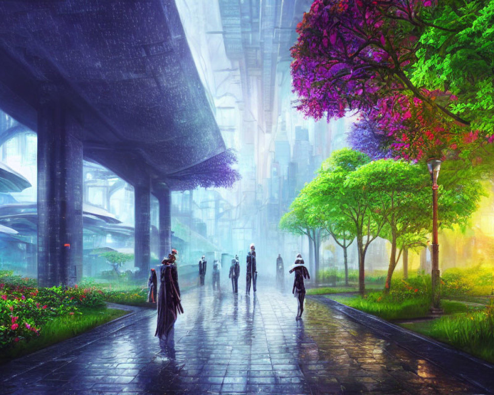 Futuristic cityscape with lush greenery, elevated roadway, walkway, and pedestrians