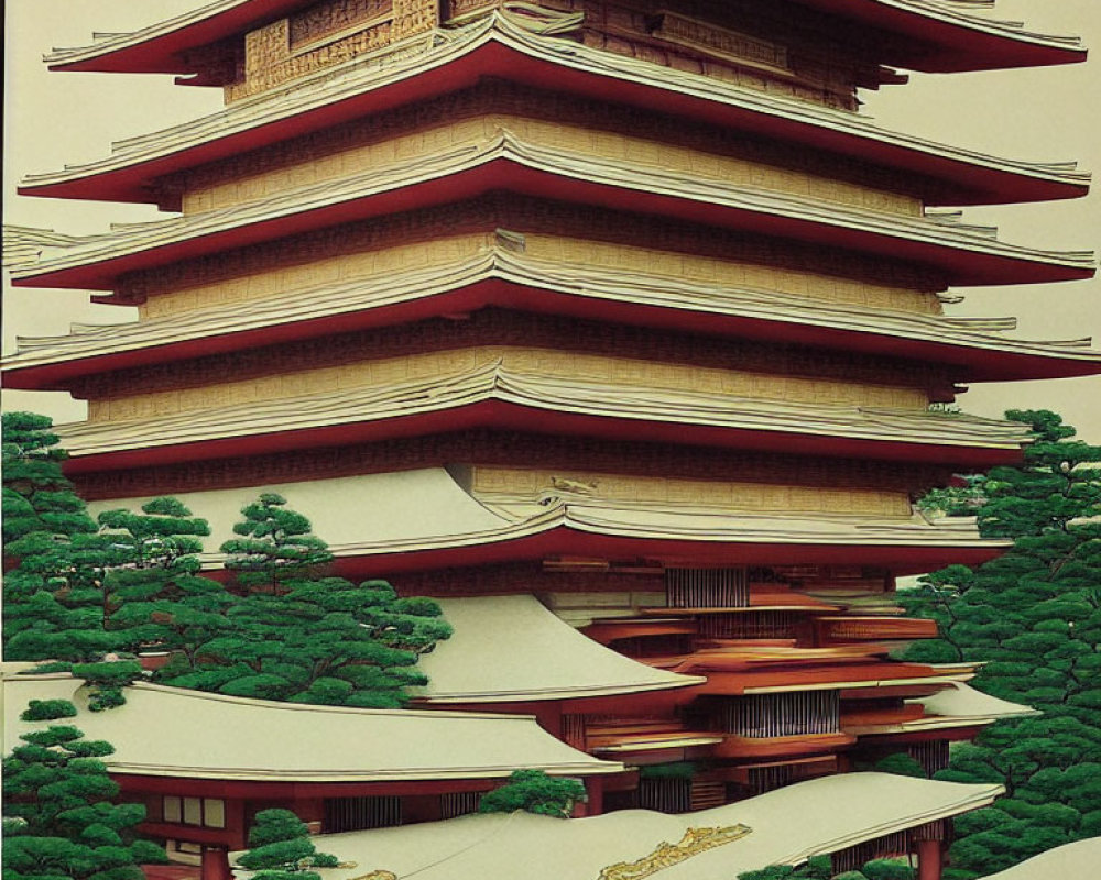 Red Pagoda with Tiered Roof and White Railings in Green Landscape