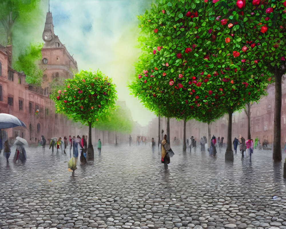 Colorful street scene with people under trees on cobblestone path, one holding umbrella