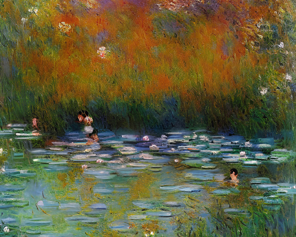 Impressionist-style painting of pond with water lilies and autumn trees