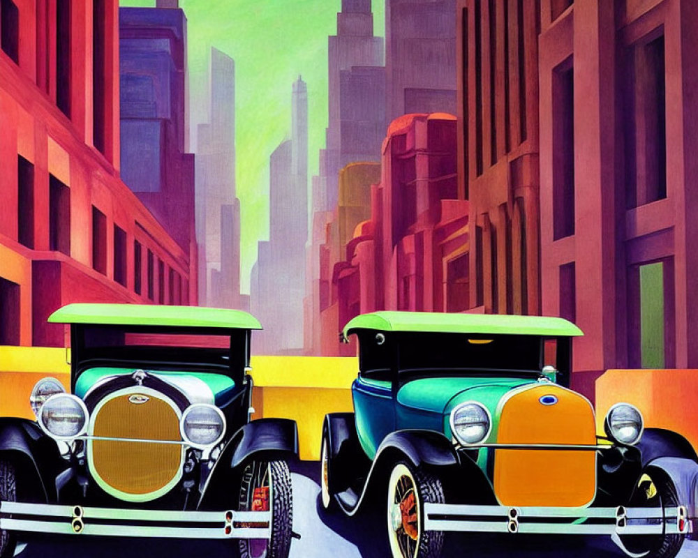 Vibrant vintage cars on stylized city street with colorful buildings