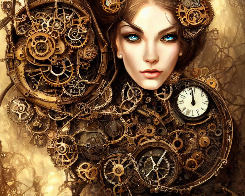 Fantasy Artwork: Woman with Blue Eyes in Clockwork Gears