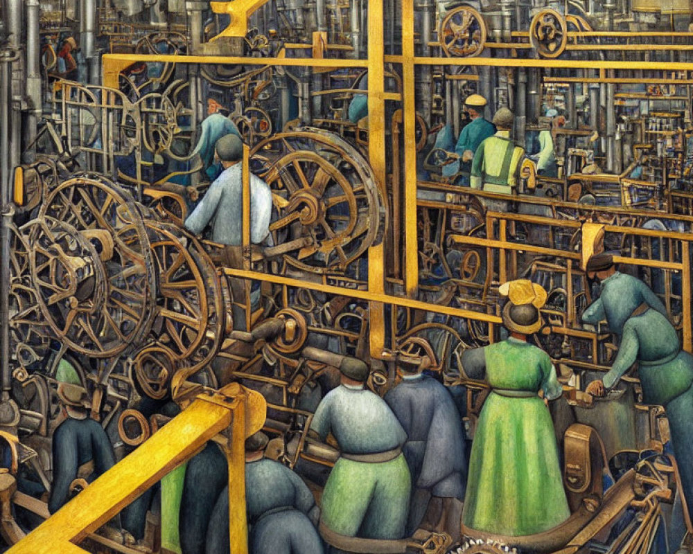 Detailed Early 20th-Century Factory Painting with Mechanical Workers