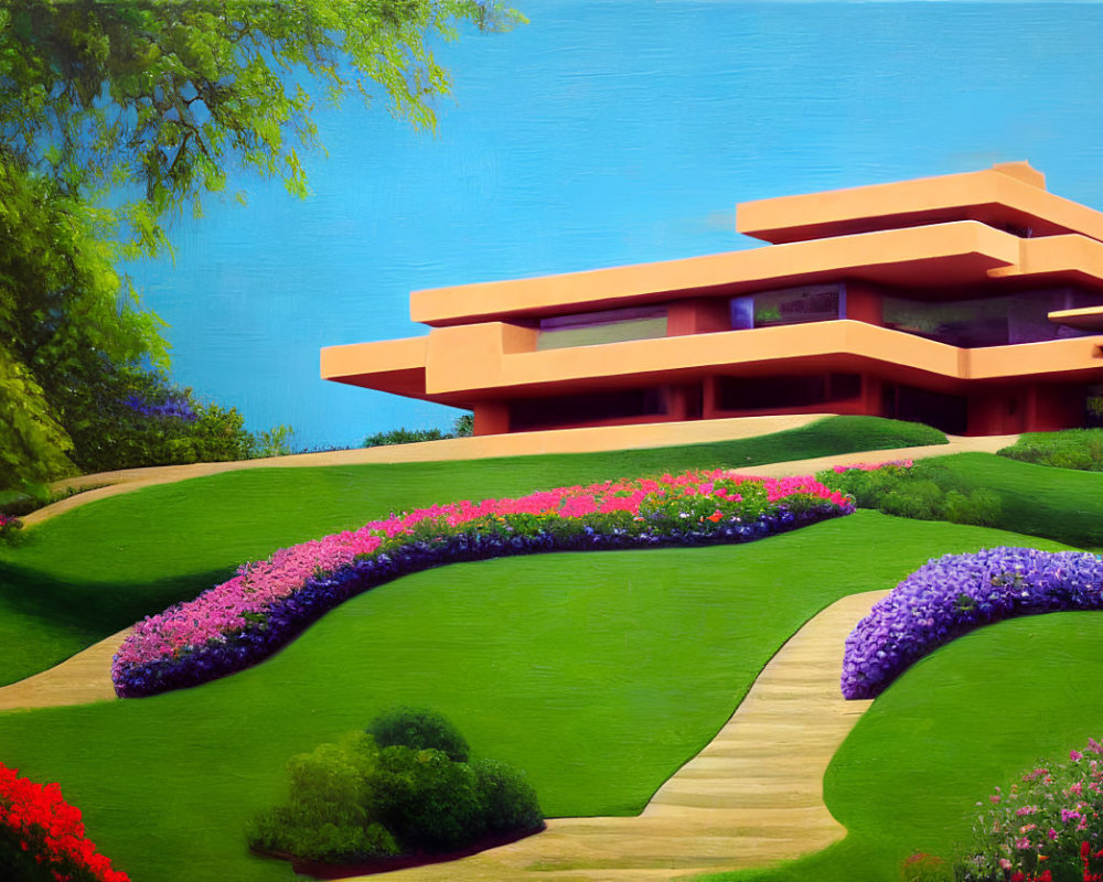 Colorful painting of modern terracotta house with gardens under clear blue sky