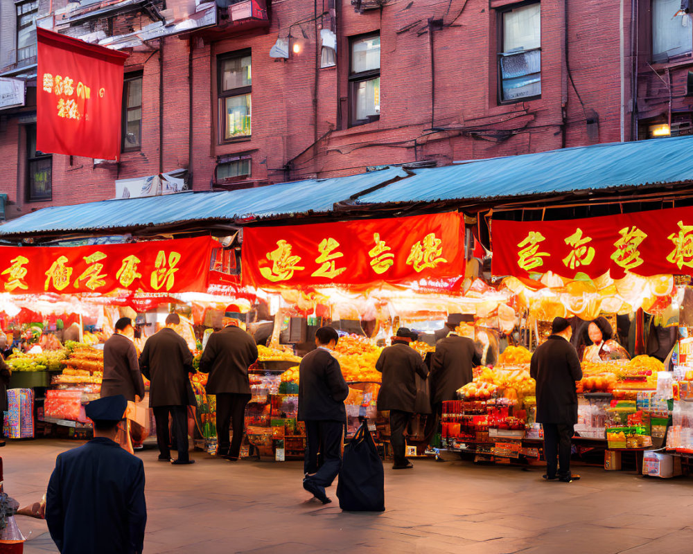 Vibrant market scene with fresh produce stalls and Chinese banners