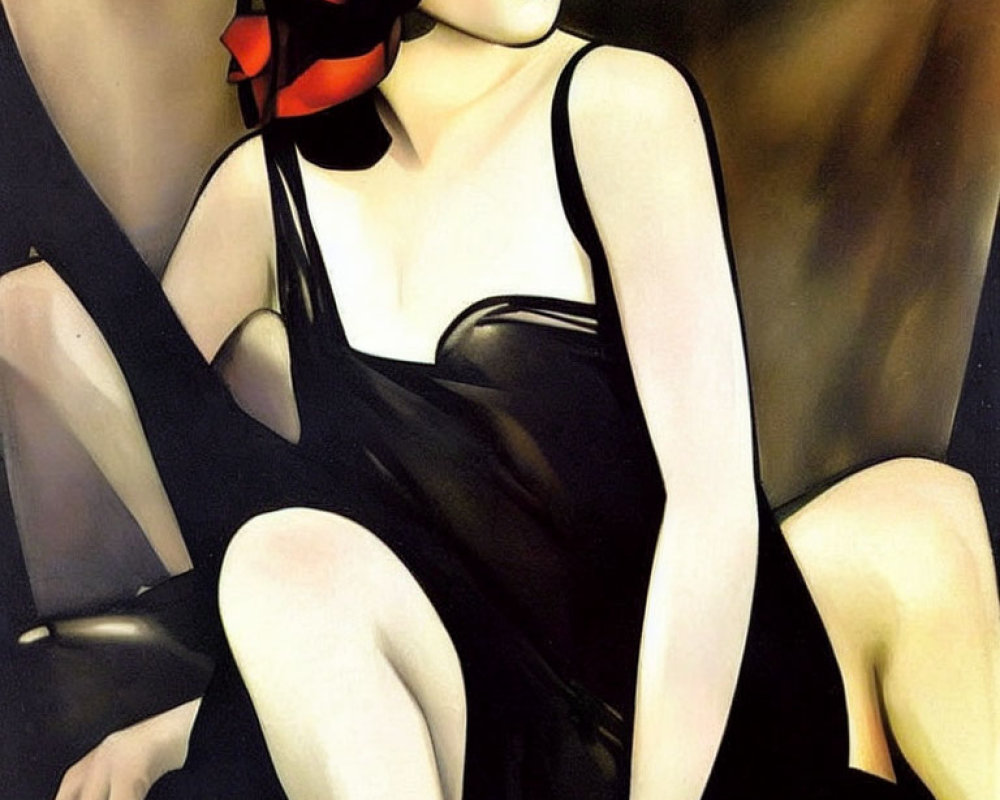 Stylized painting of woman with red flower, in black dress, dramatic lighting