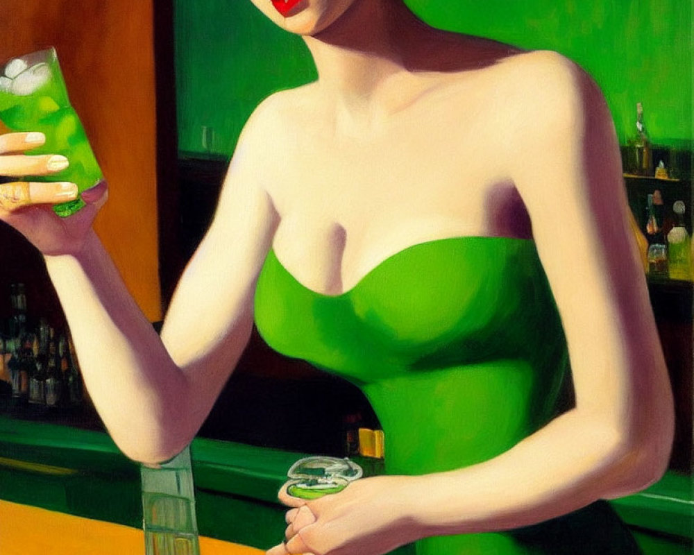 Stylized painting of woman in green dress at bar with cocktail