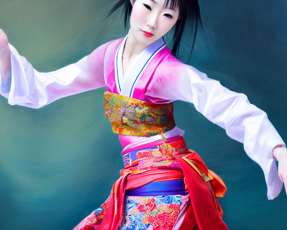 Traditional Korean hanbok dance with swirling fabric and elegant pose