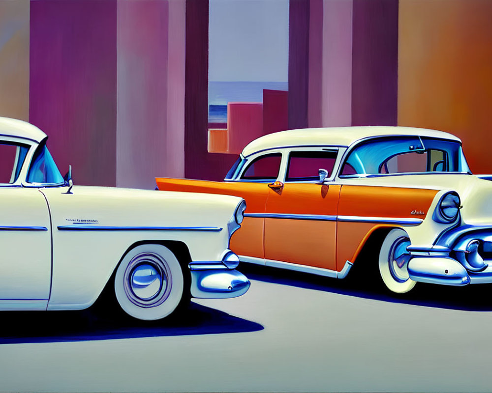 Vintage Cars Stylized Painting with Vibrant Colors & Geometric Background