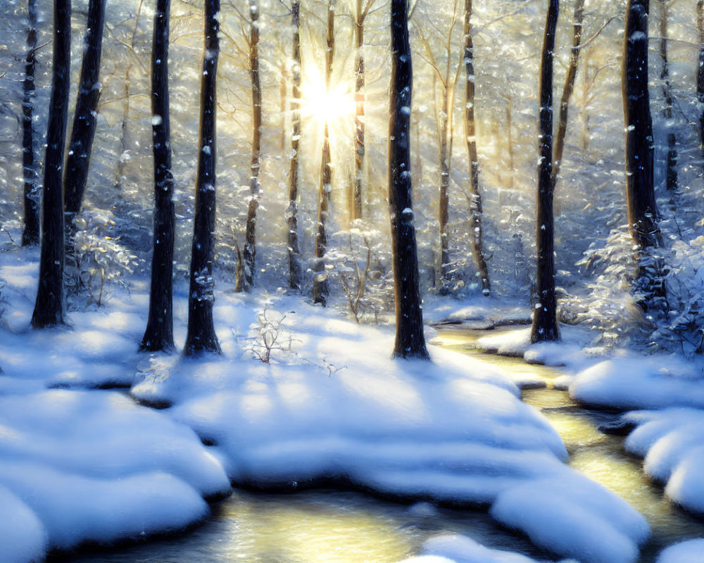 Winter forest sunlight streaming over snow-covered streambanks