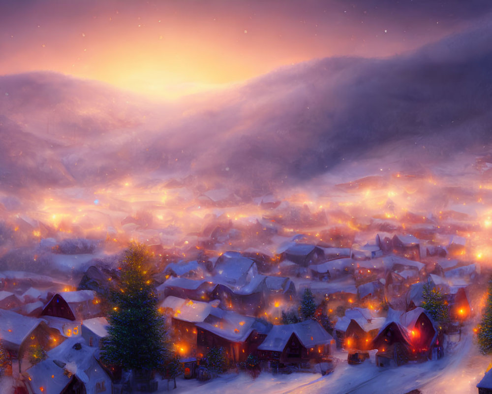 Snow-covered winter village with warm glowing lights at dusk