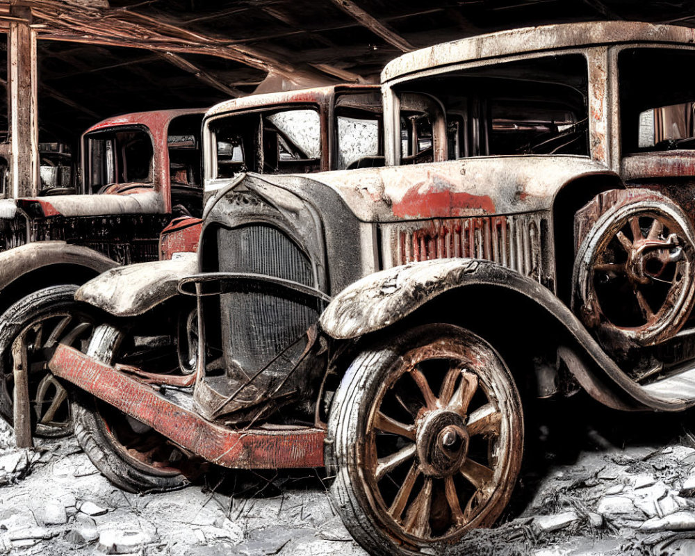 Abandoned vintage cars with wooden spokes in a rustic shed