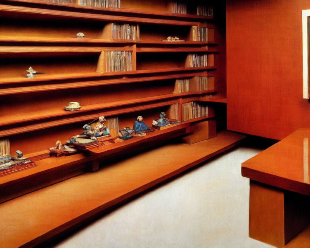 Room painting with wooden shelves, books, mini figures, desk, and red artwork