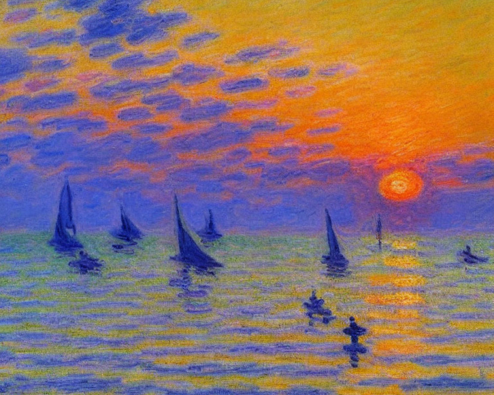 Sunset Impressionist Painting with Vibrant Orange and Blue Sky