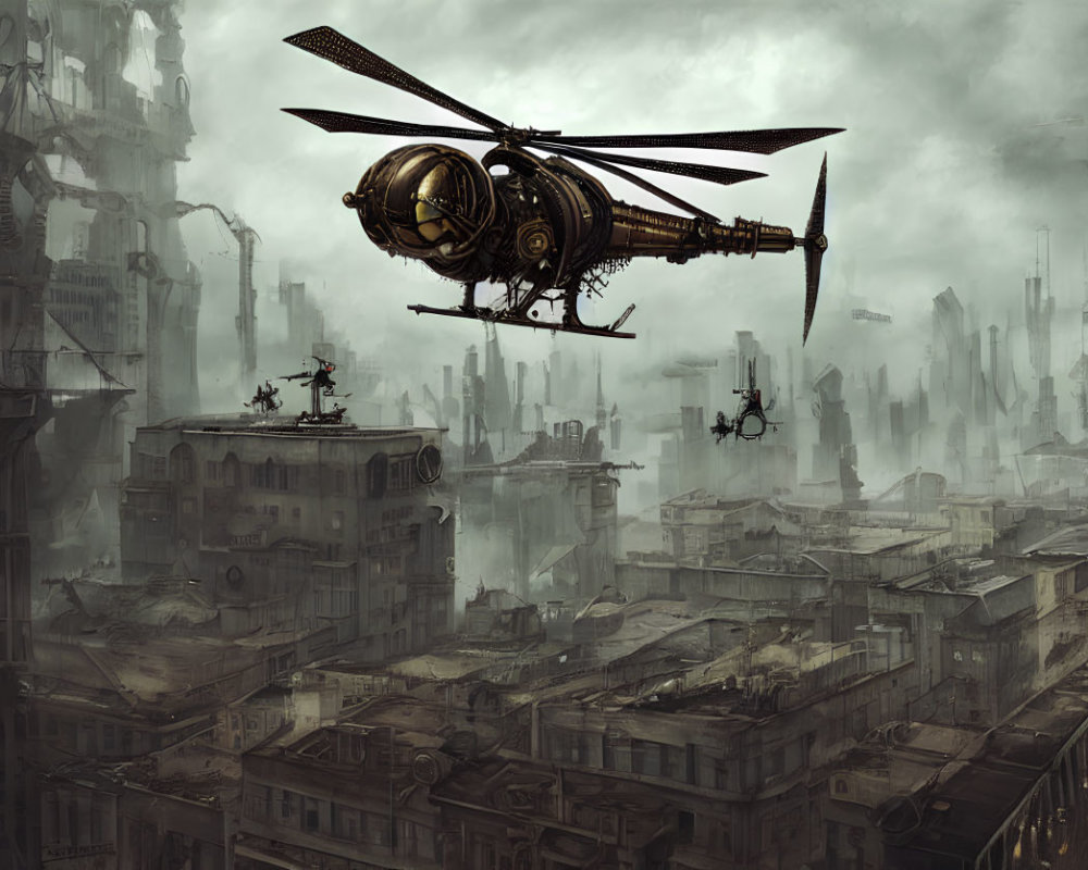 Dystopian cityscape with steam-powered helicopters and dilapidated buildings