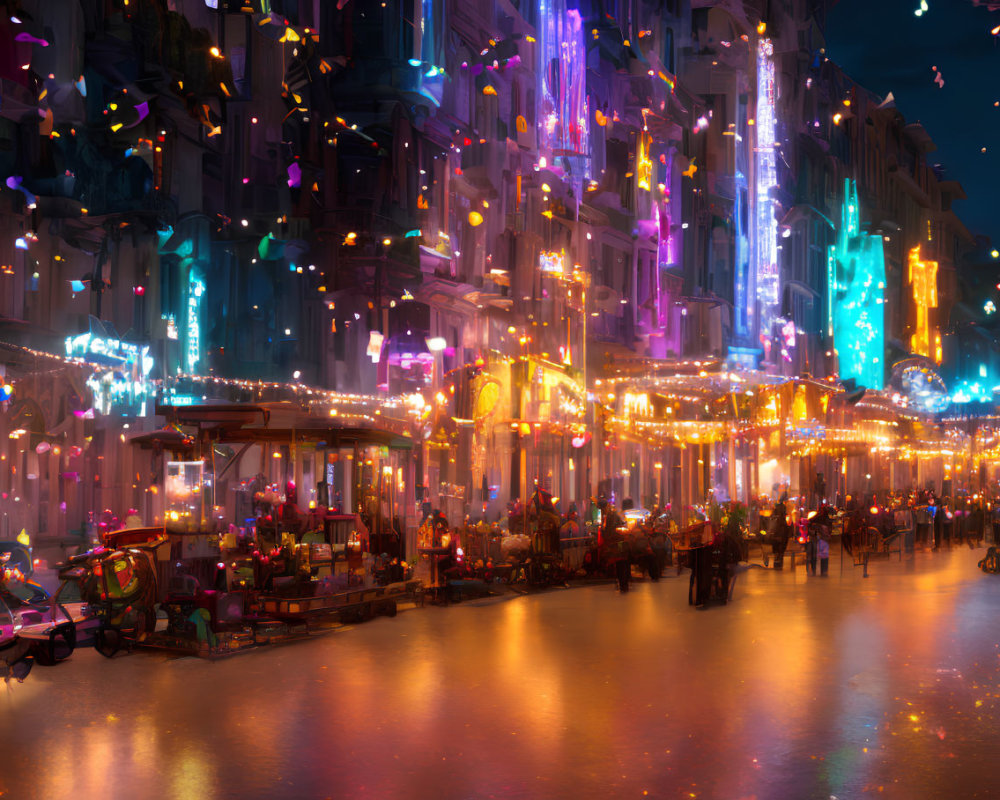 Colorful Neon-Lit City Street at Night with Bustling Activity