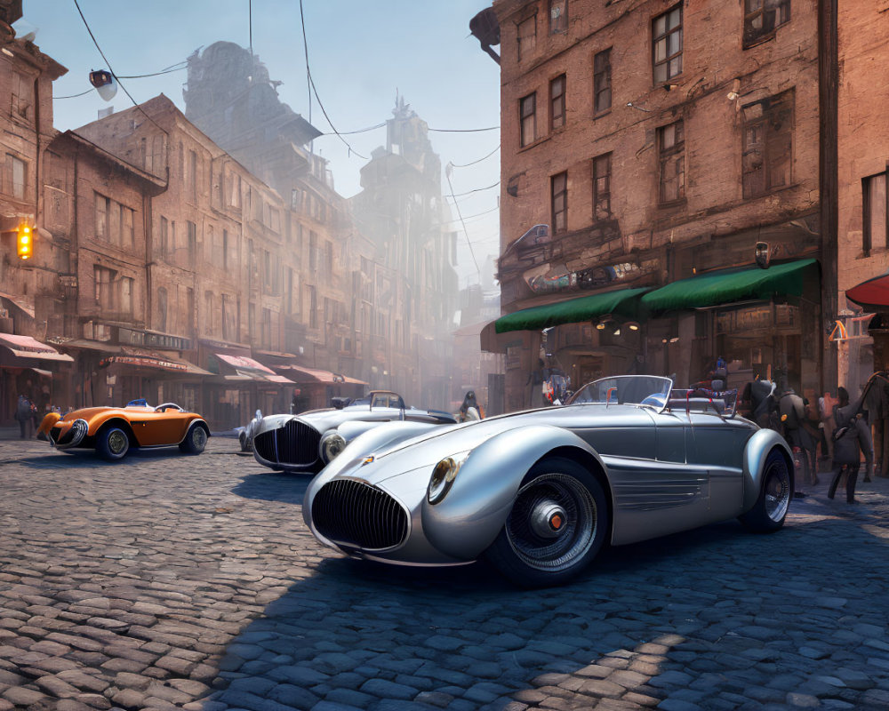 Vintage European street with classic cars and cobblestone roads at sunrise