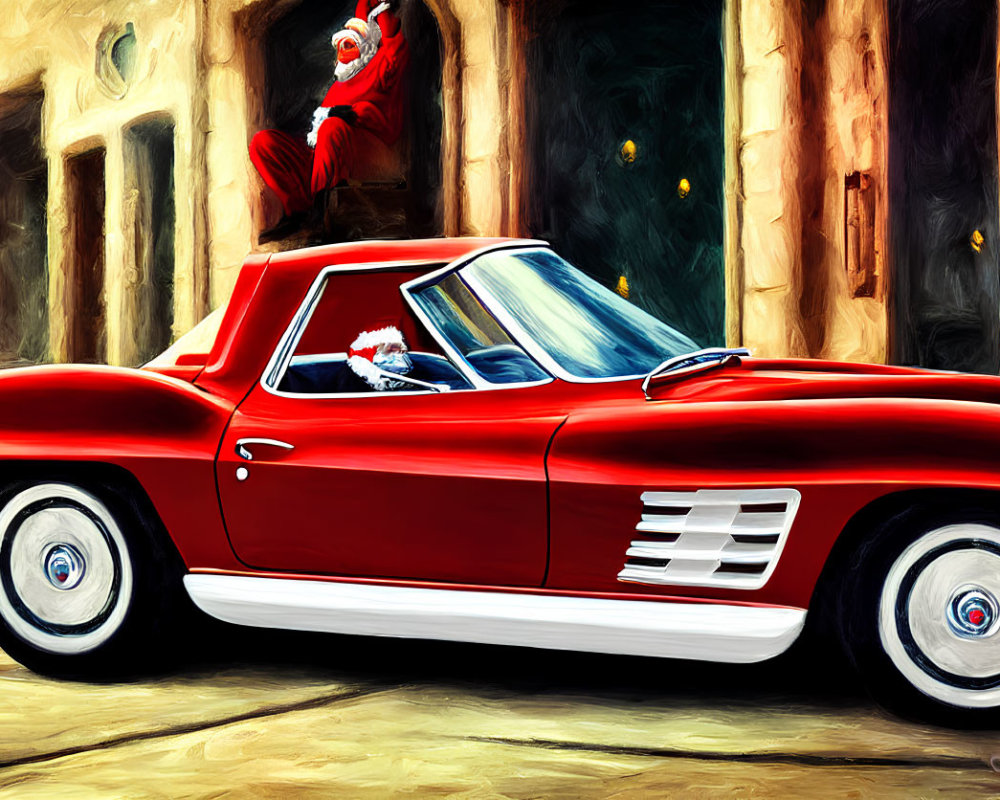 Colorful Santa Claus digital painting in red convertible car with gifts and festive decorations.