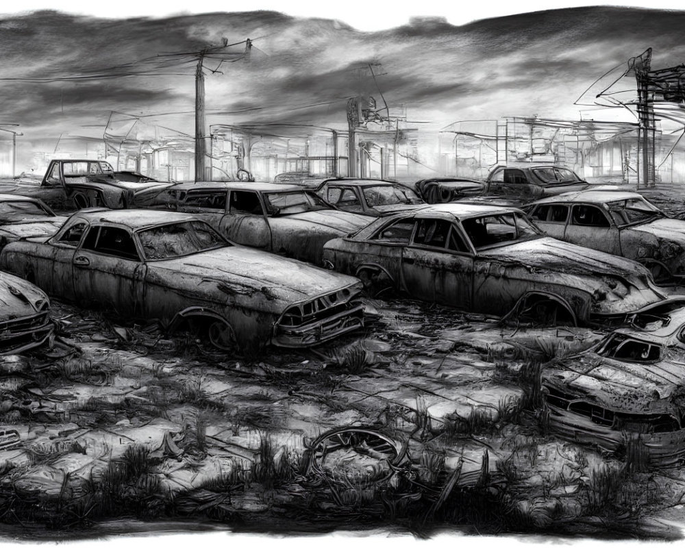 Monochromatic image of dilapidated cars in desolate industrial landscape